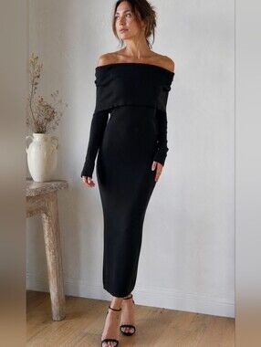 Witchery Black Ribbed Off Shoulder Maxi Dress